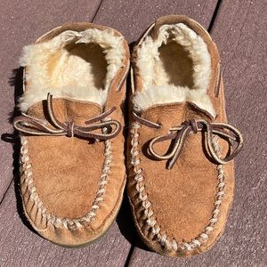 LL Bean Wicked Good shearling moccasin slippers.